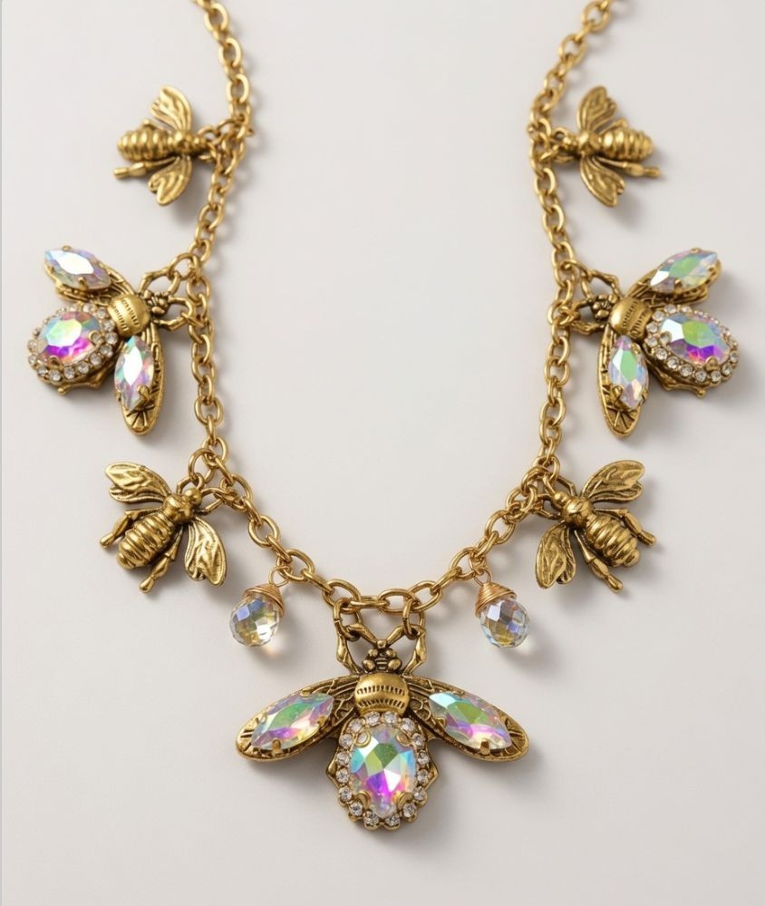 Vintage Bee Statement Necklace – Rhinestone Bee Charm Necklace Adjusts Handcraft
