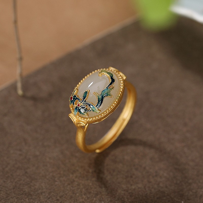 Cloisonne Nephrite Jade Chinese Design Women Jewelry Set Ring Earring Bracelet)