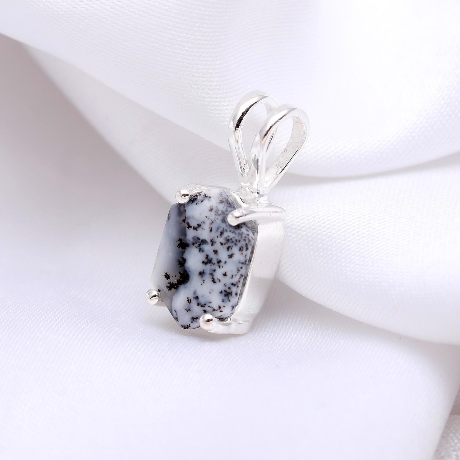 100%Natural dendrite Opal Octagon Pendant 925 Sterling Silver Minimalist Jewelry