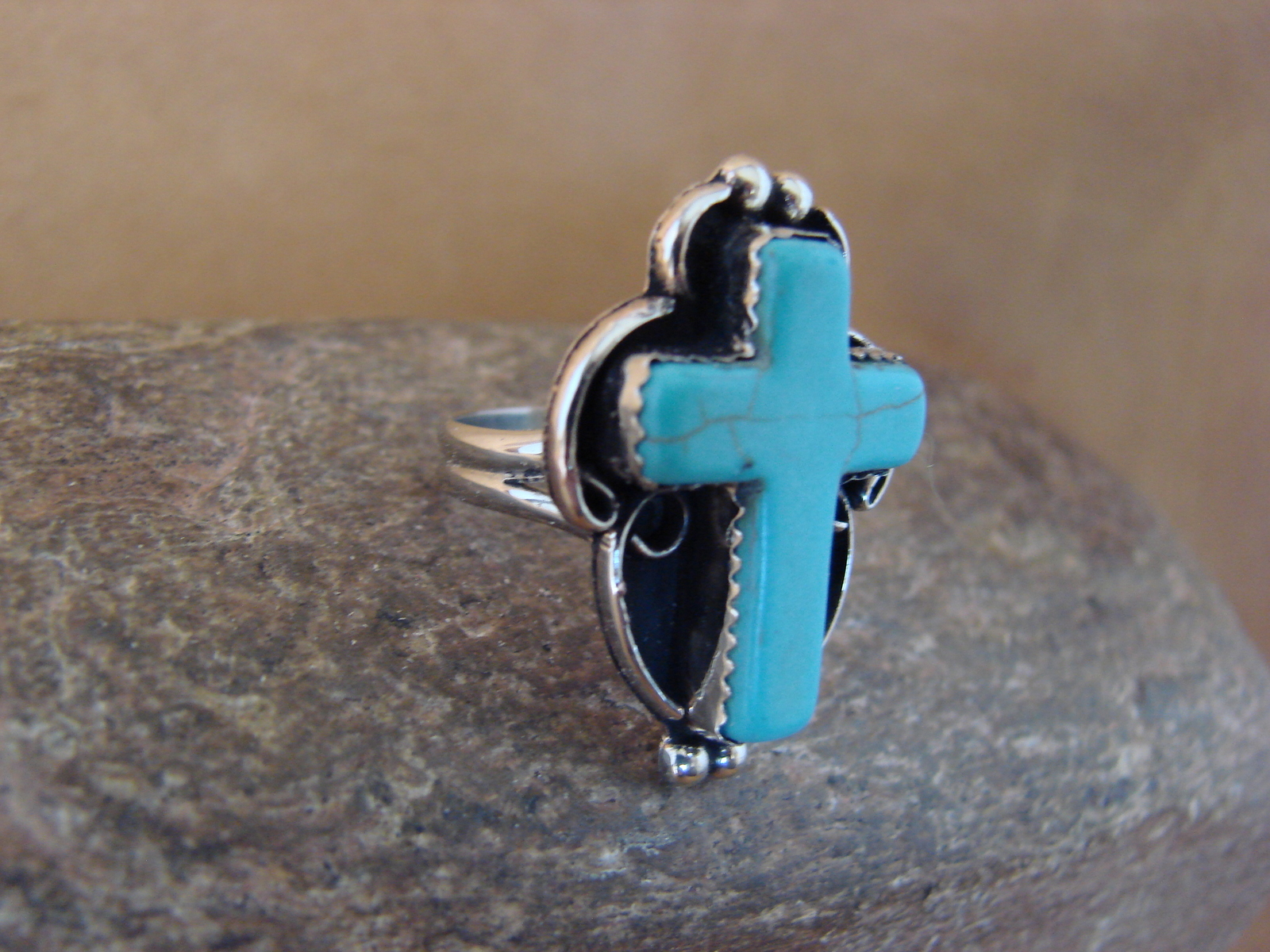 Native American Nickle Silver Turquoise Cross Ring Size 7 1/2 by Phoebe Tolta