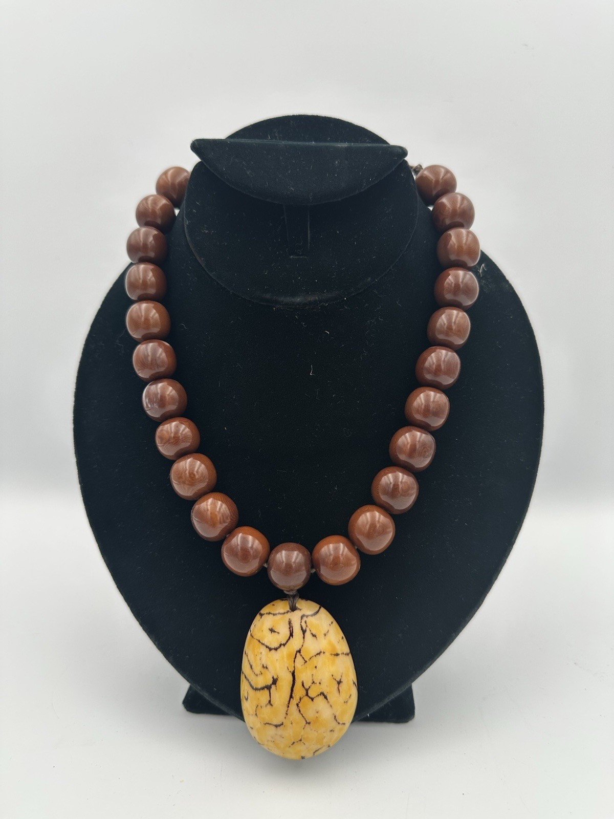 Brown Chunky Bead Yellow Crackle Teardrop Pendant Boho Statement Necklace