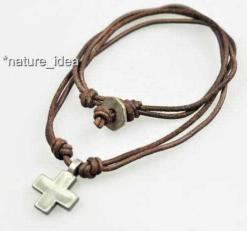Cool Double 2mm Leather Surfer Beach Choker Necklace Cross Pendant Mens Unisex