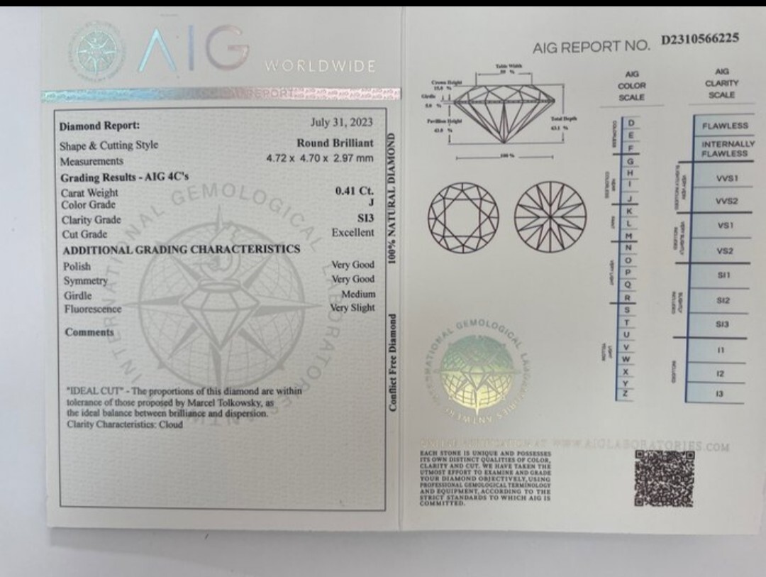 100% Natural Diamond, Unmodified, AIG Certified, 0.41 ct. in blister