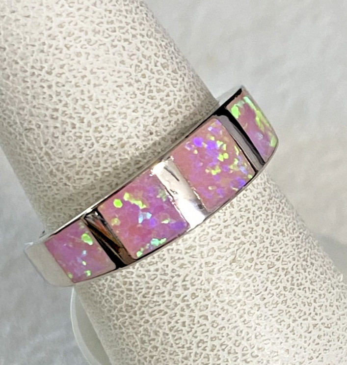 Sterling Silver Pink Lab Opal Ring / Band, Size 6 x 6mm, Gift Ready, NOS