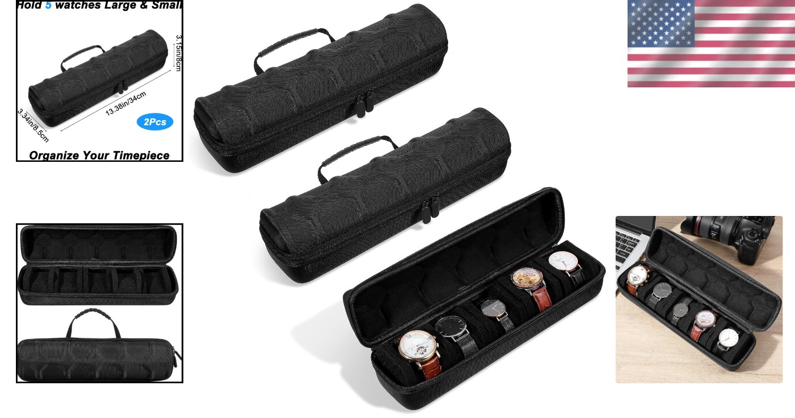 2 Pcs Men’s Watch Travel Case with 5 Slots & Soft Foam Pillows – Portable Black