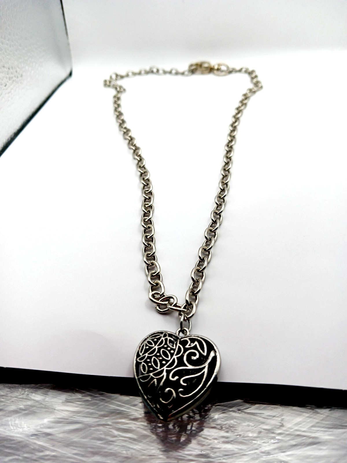 Black + Silver Gothic Heart Pendant with Silvertone Chain 21 Inches