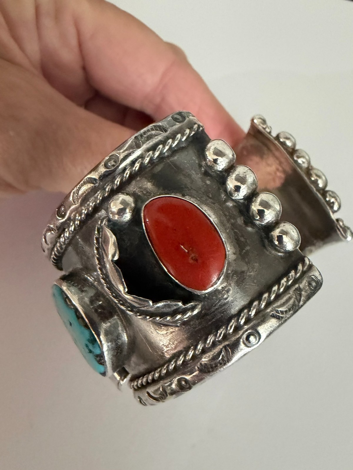 Vintage Navajo Sterling Watch Cuff Bracelet 114g Turquoise Coral 1940’s Men’s 6”
