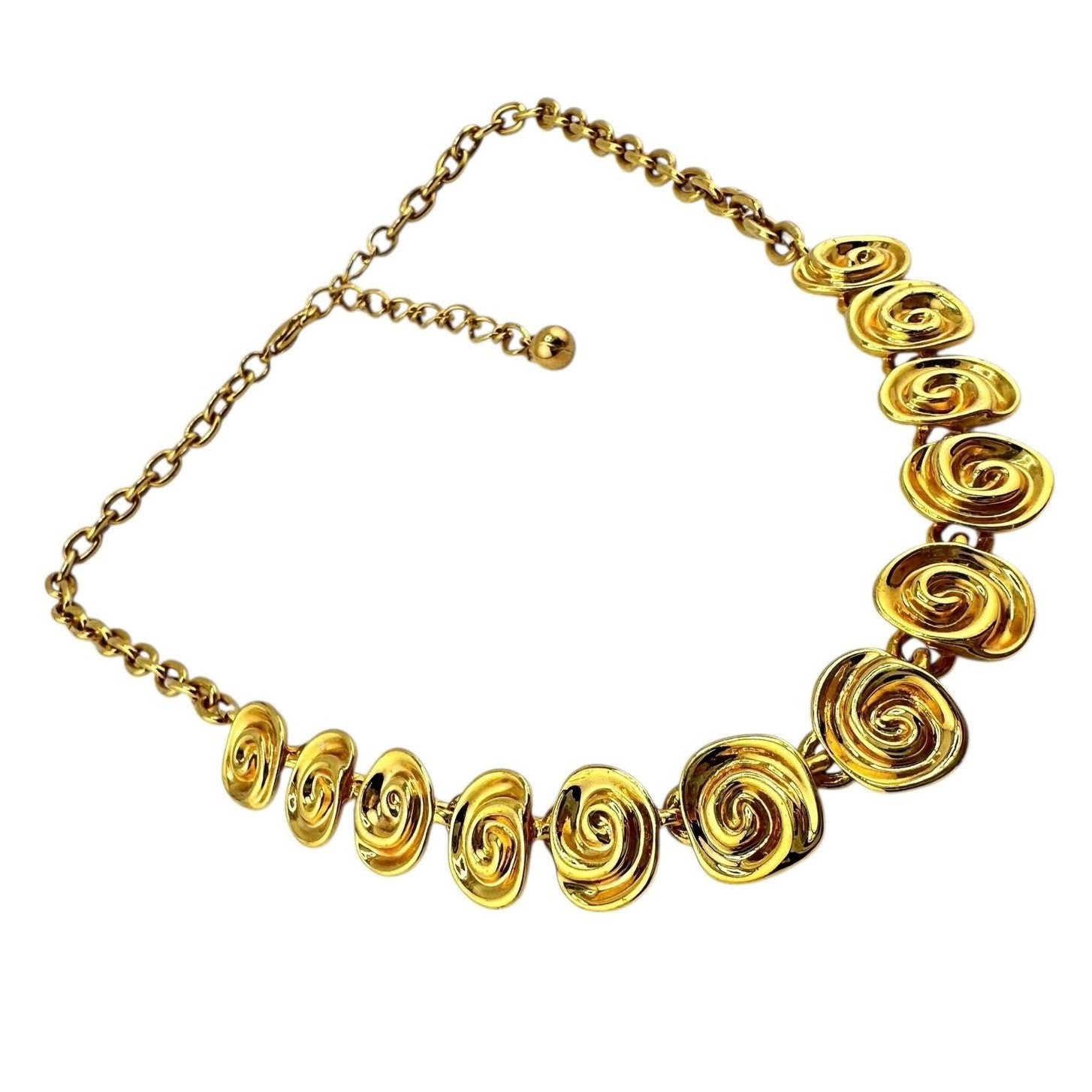 Modernist Contemporary Abstract Rose Swirls Gold Tone 19″ Statement Necklace