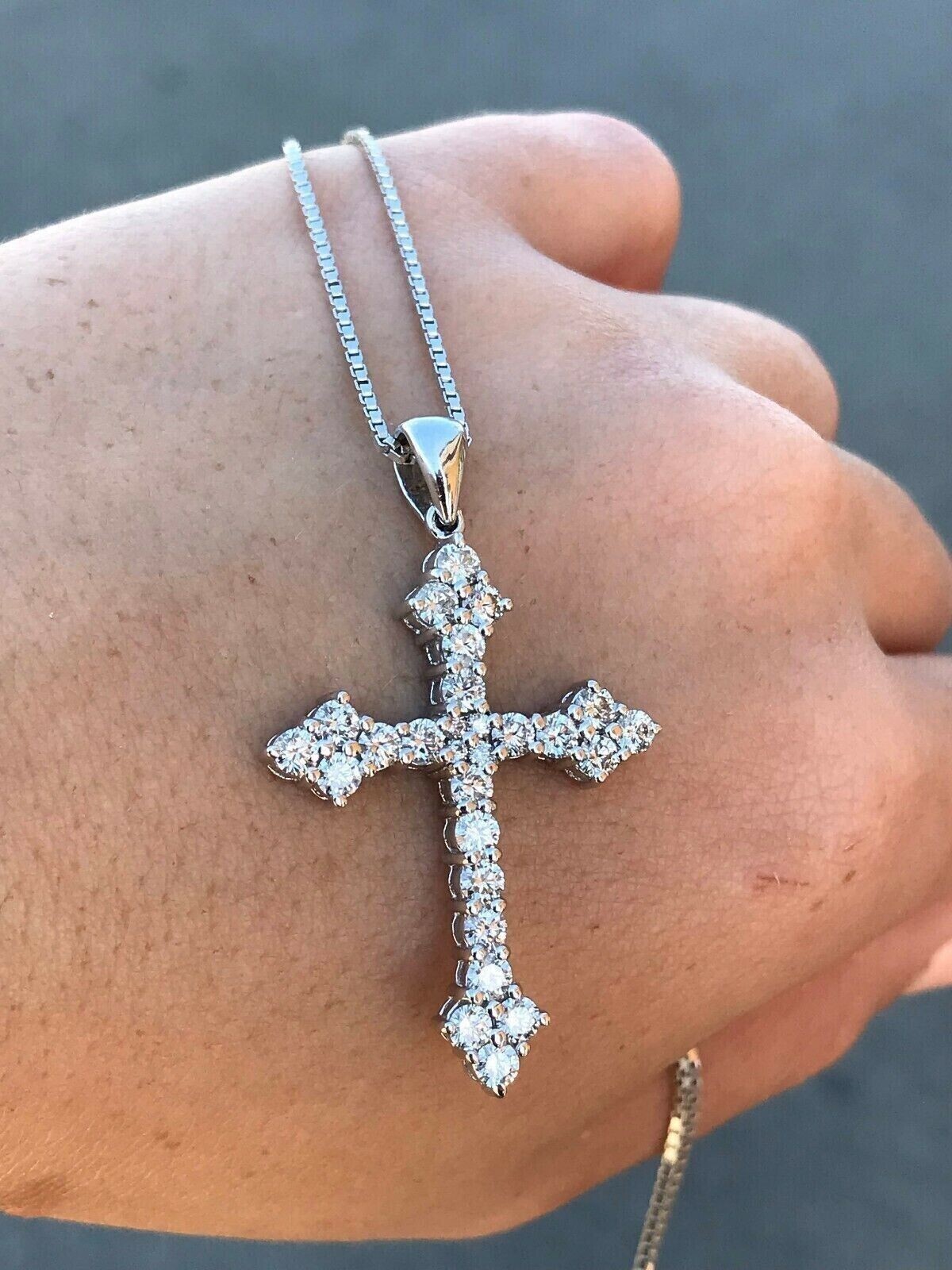 2Ct Round Cut Real Moissanite Cross Pendant Necklace 14K White Gold Plated 18″