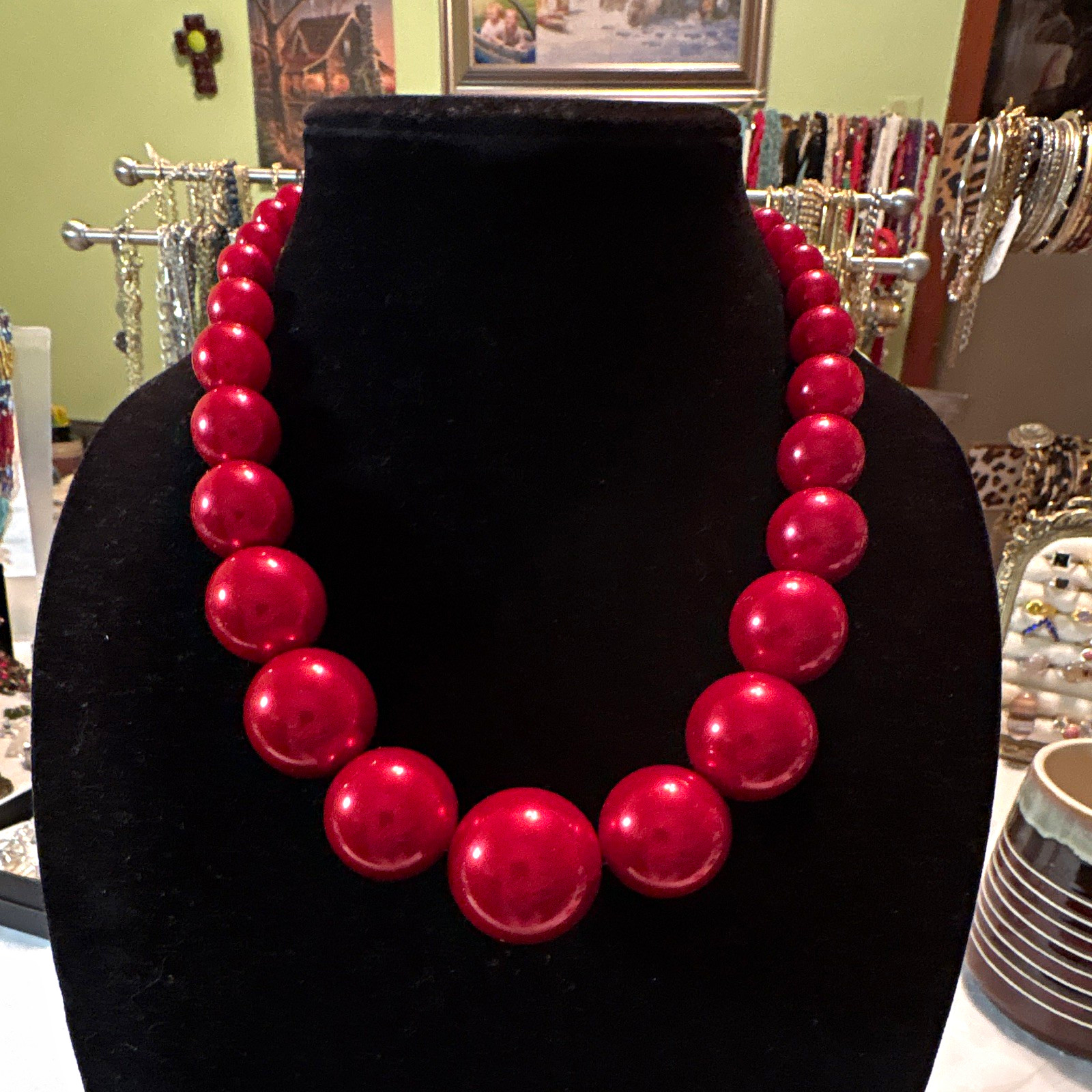 Red Plastic Beaded Statement Necklace Cable Chain Lobster Clasp Adjustable