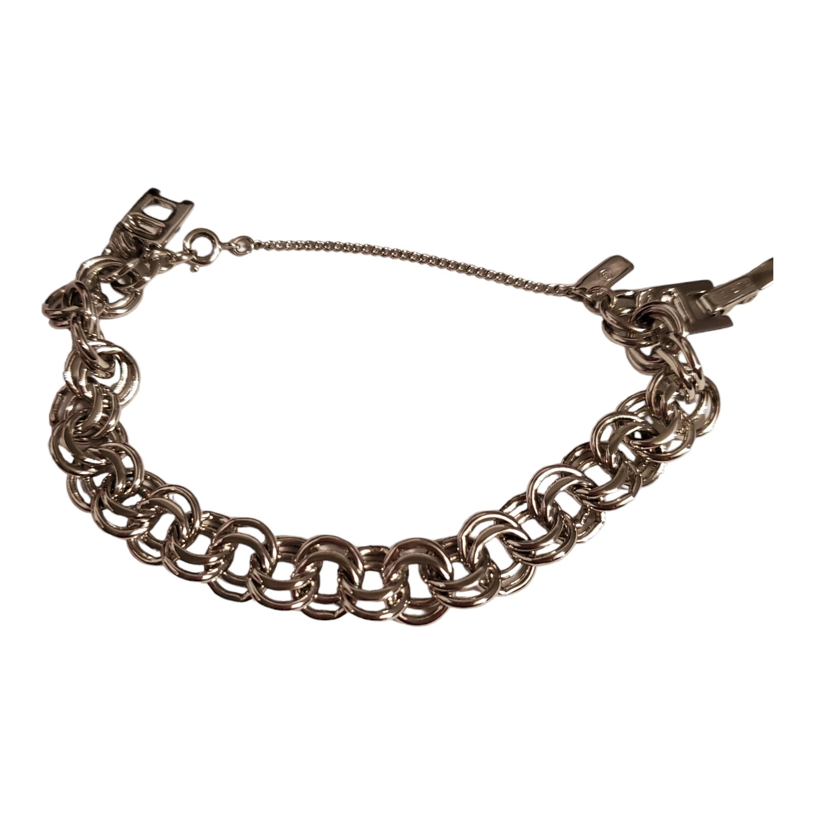 Monet Vintage Charm Bracelet Silver Tone 6 1/2″ Round Links with Safety Chain