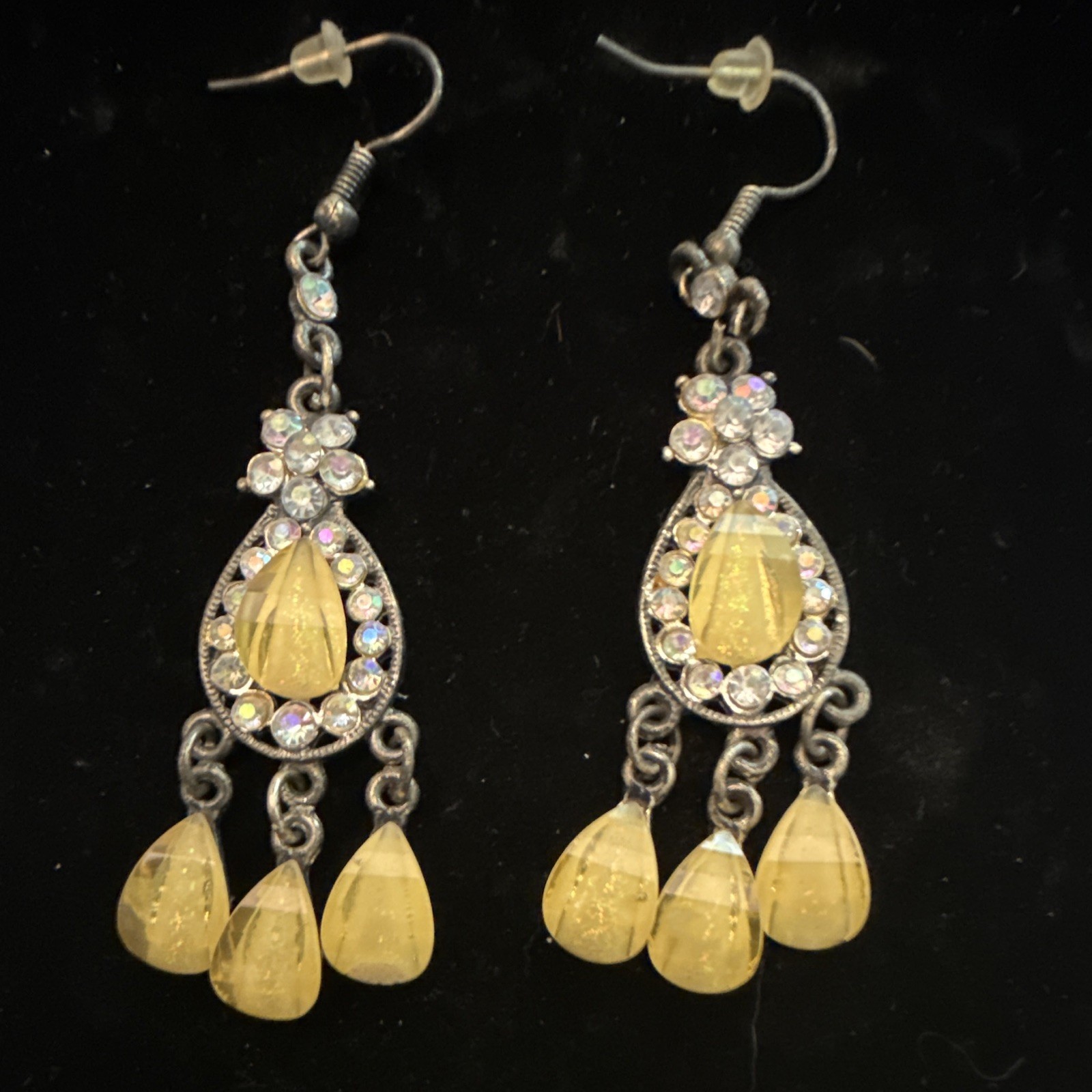 Silver Tone Teardrop Dangle Drop Earrings Clear Rhinestones Yellow Glass Hook