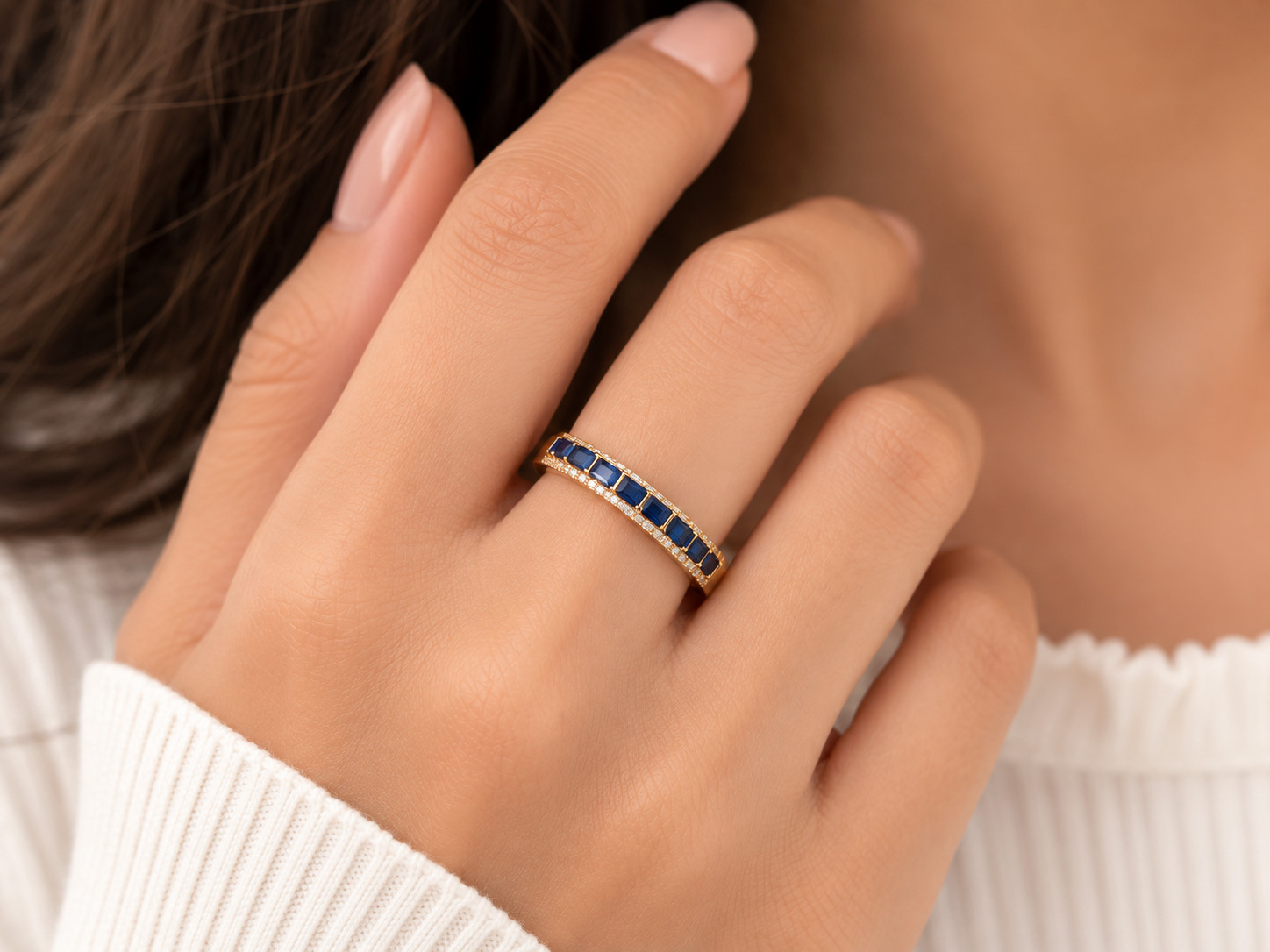 Blue Sapphire & Moissanite Eternity Band 14K Gold Baguette September Birthstone