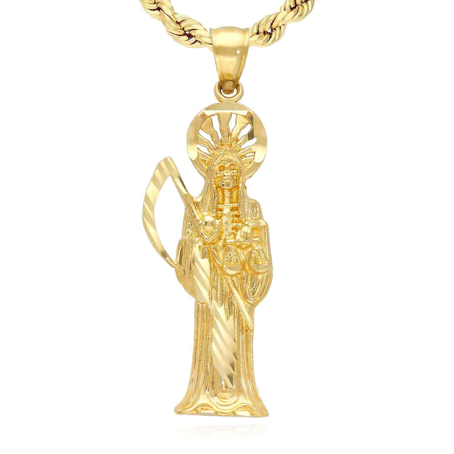 14K Real Yellow Gold Santa Muerte Grim Reaper Death Charm Pendant 1.4″