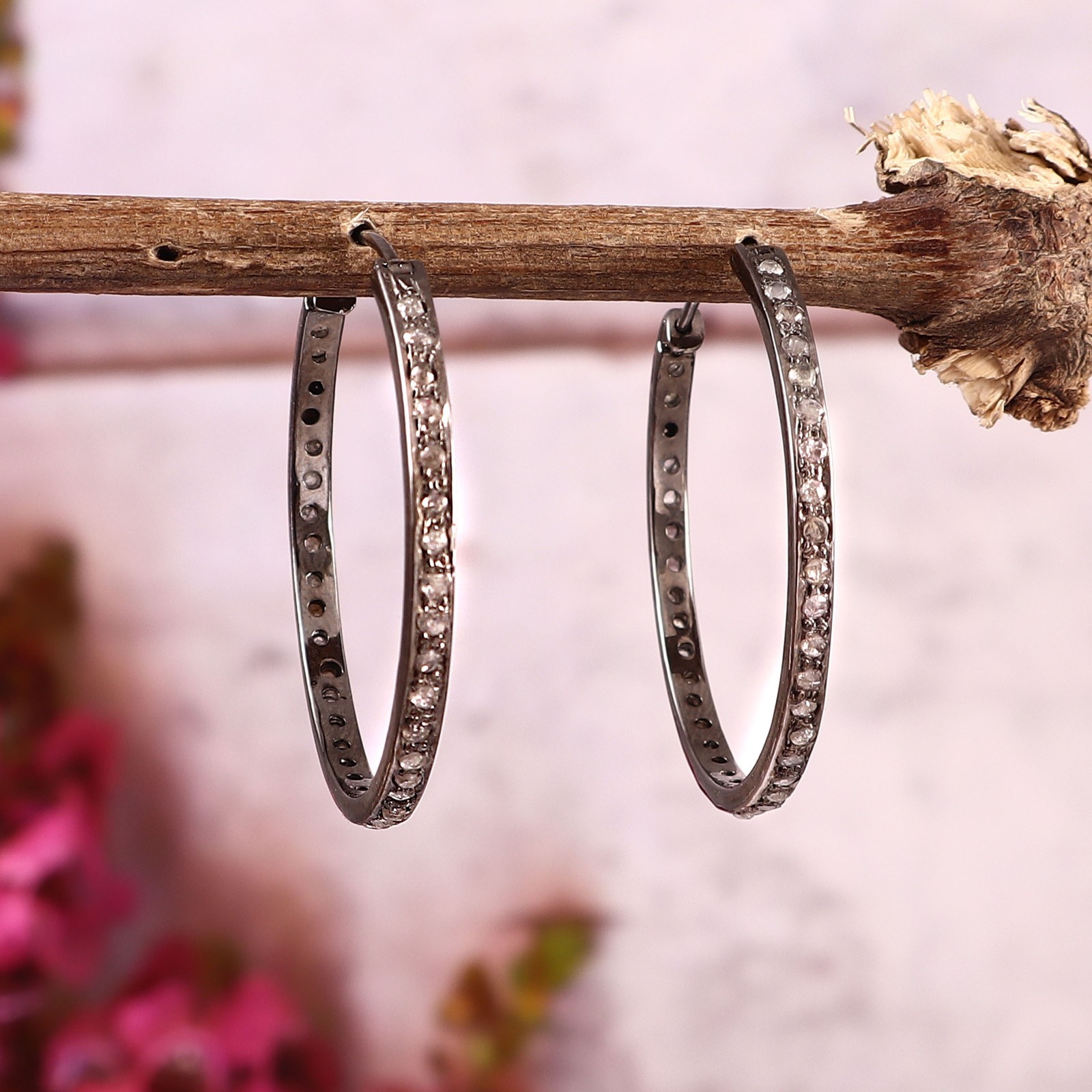 1.45ctw Natural Rose Cut Diamond Hoop Earrings 925 Sterling Silver Handmade