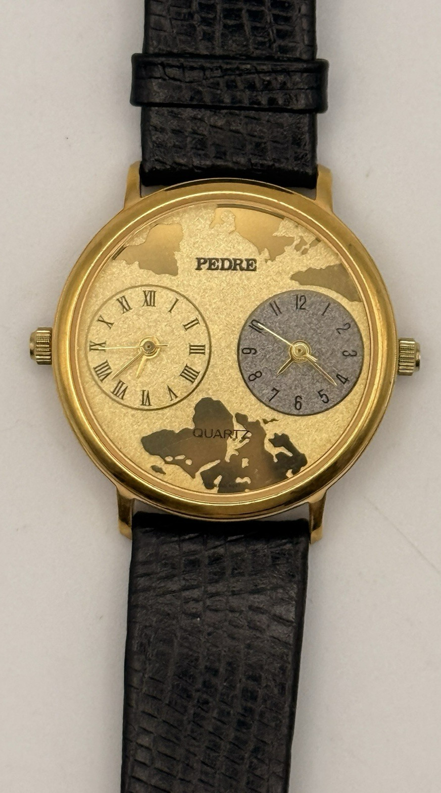 Vtg Pedre Dual Time Gold Tone Black Leather Quartz Watch World Map 2 Sub-dials
