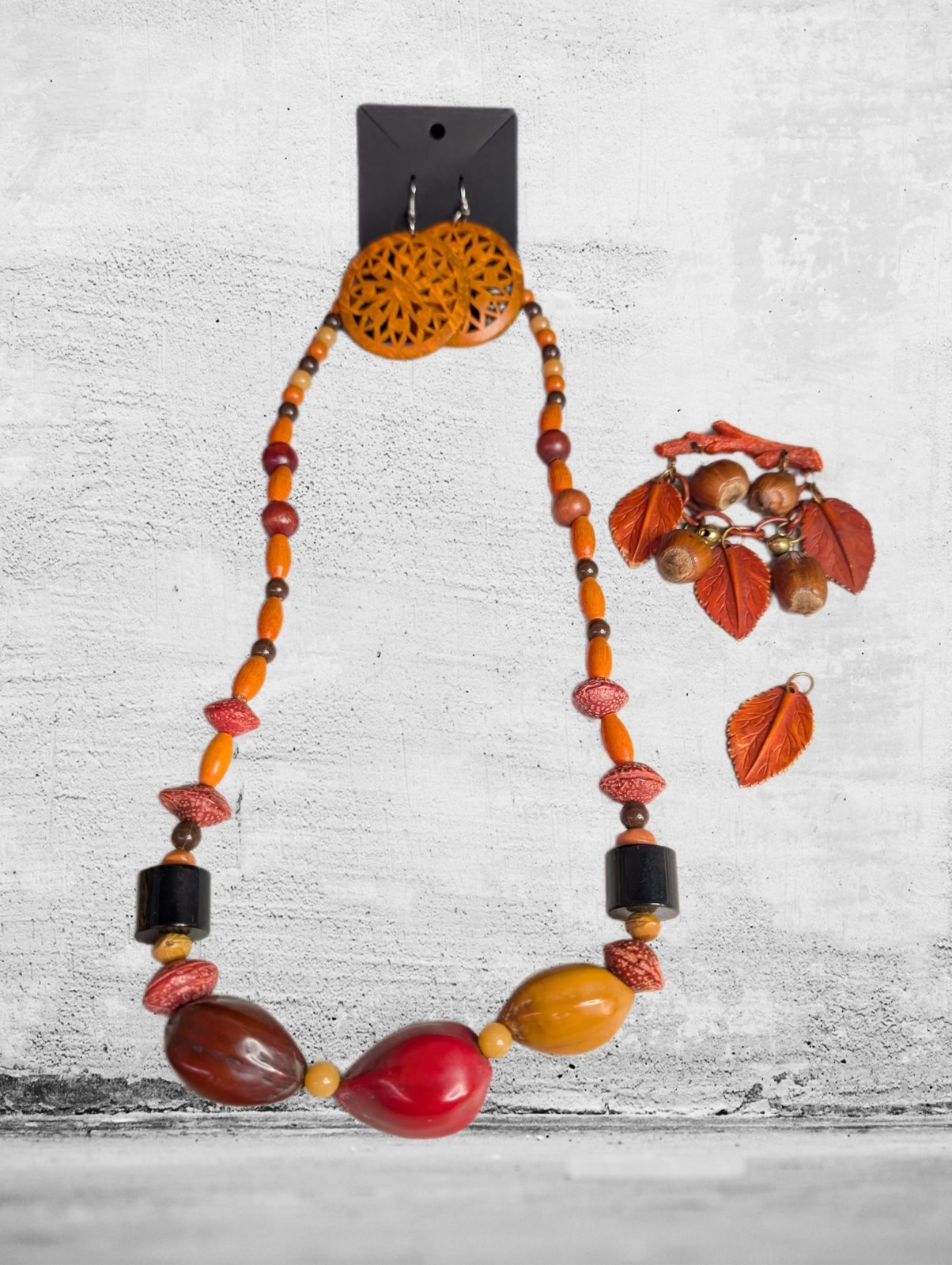 Beautiful Brown Handmade Beaded Necklace, Pin & Earrings Set