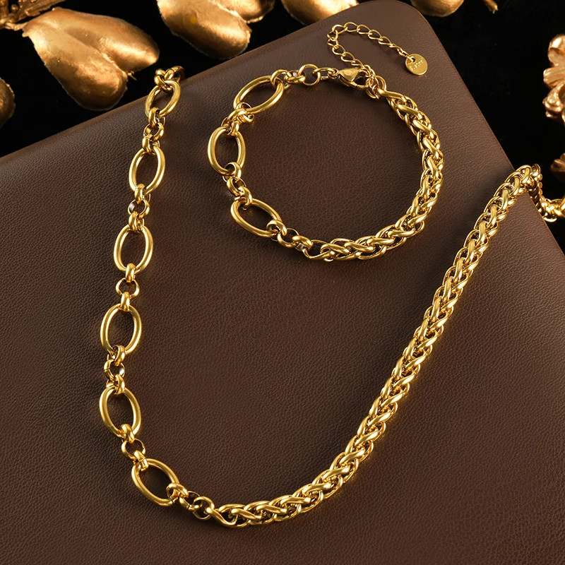 Luxury Gold Stainless Steel Link Necklace & Bracelet Set