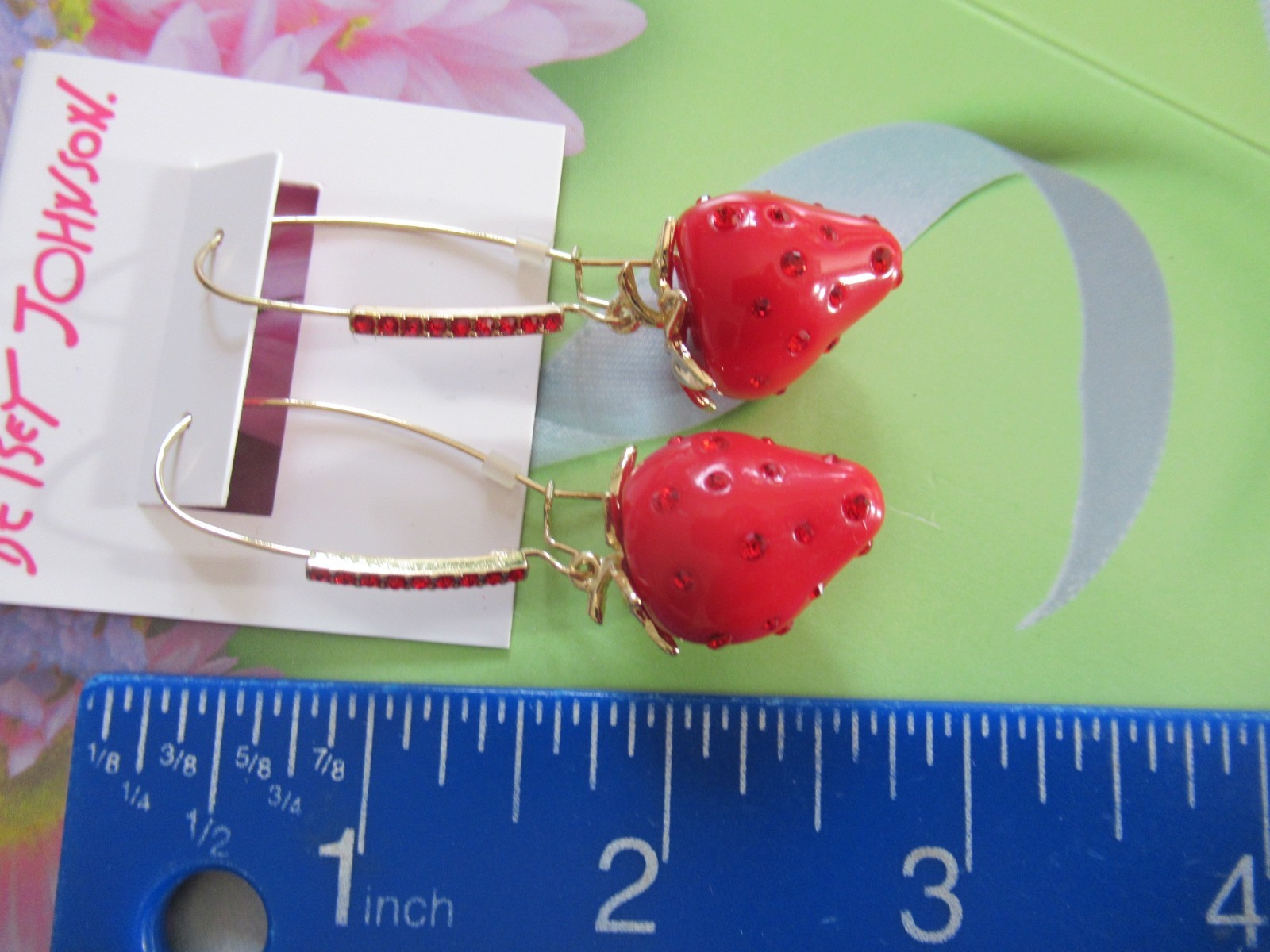 BETSEY JOHNSON Authentic Strawberry RED Rhinestones Sherperd Hooks Earrings