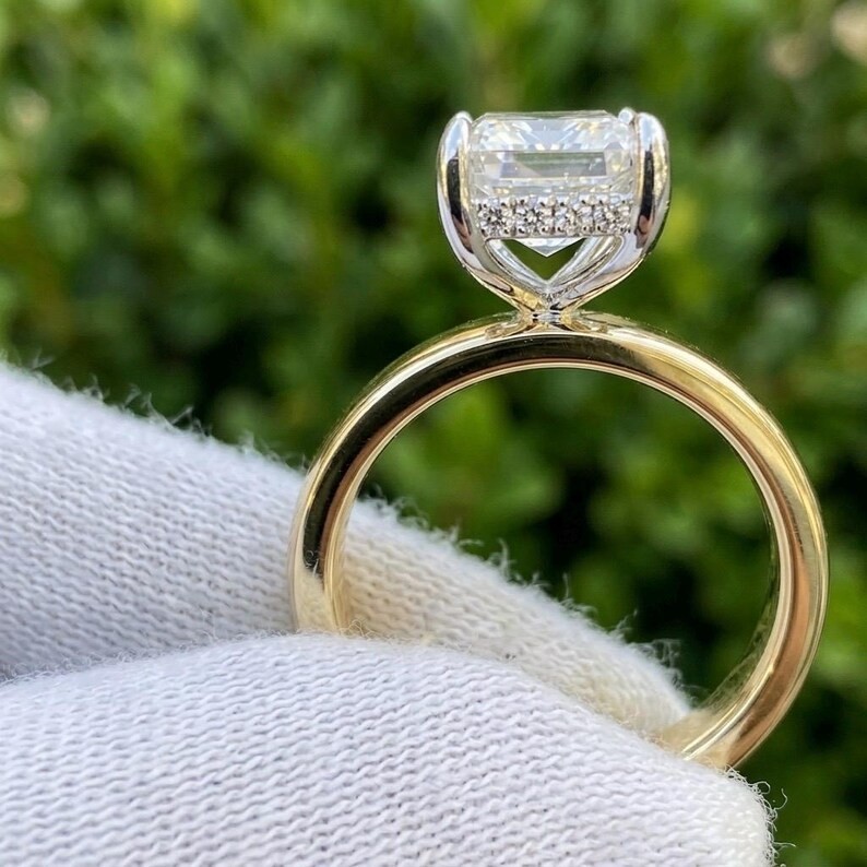Lab Grown Diamond 4.20Ct EMERALD-Cut HIDDEN HALO Wedding Ring EF 14K YELLOW GOLD