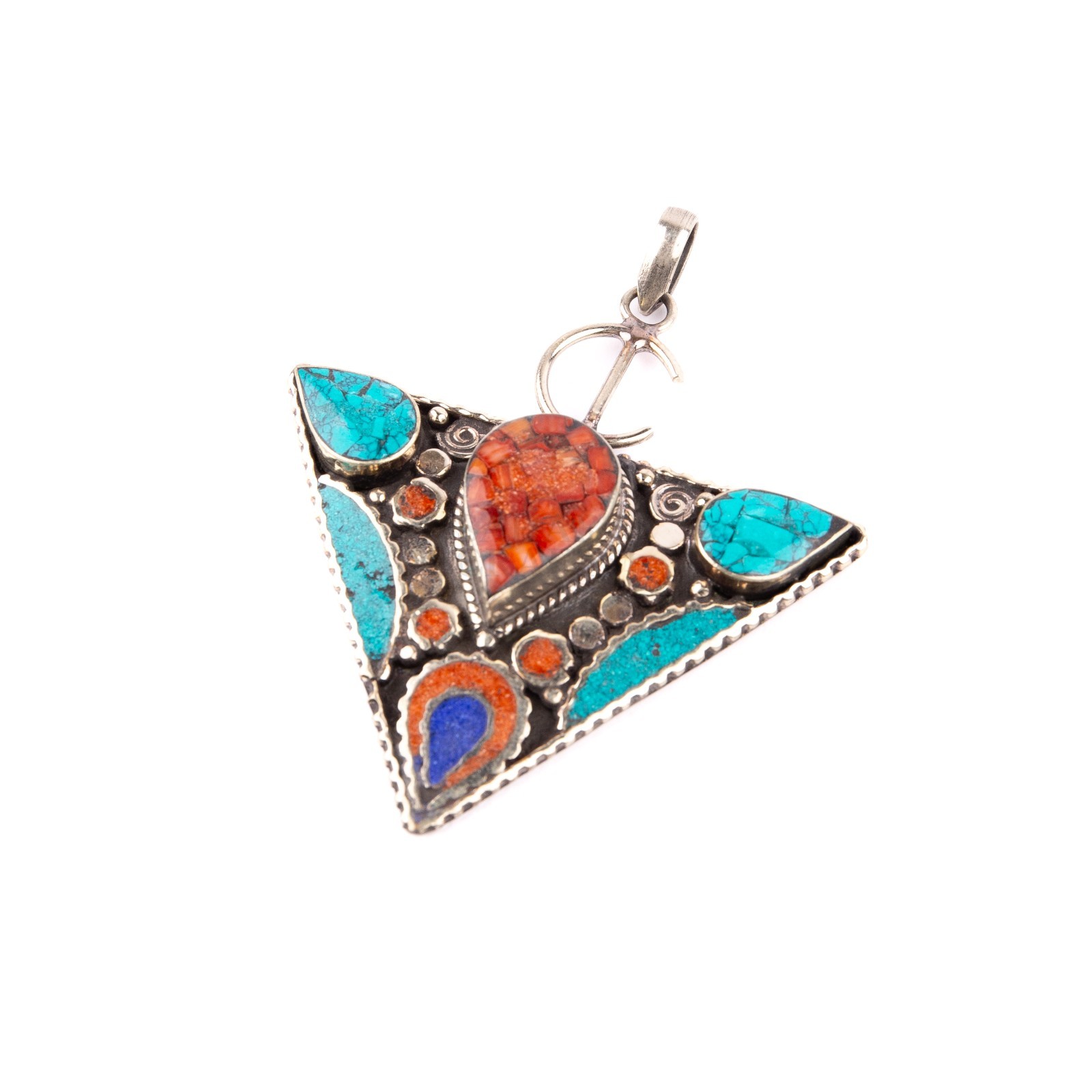 Tibetan Pendant, Tazerzit Pendant, Turquoise Stone Amulet, Coral & Lapis Lazuli