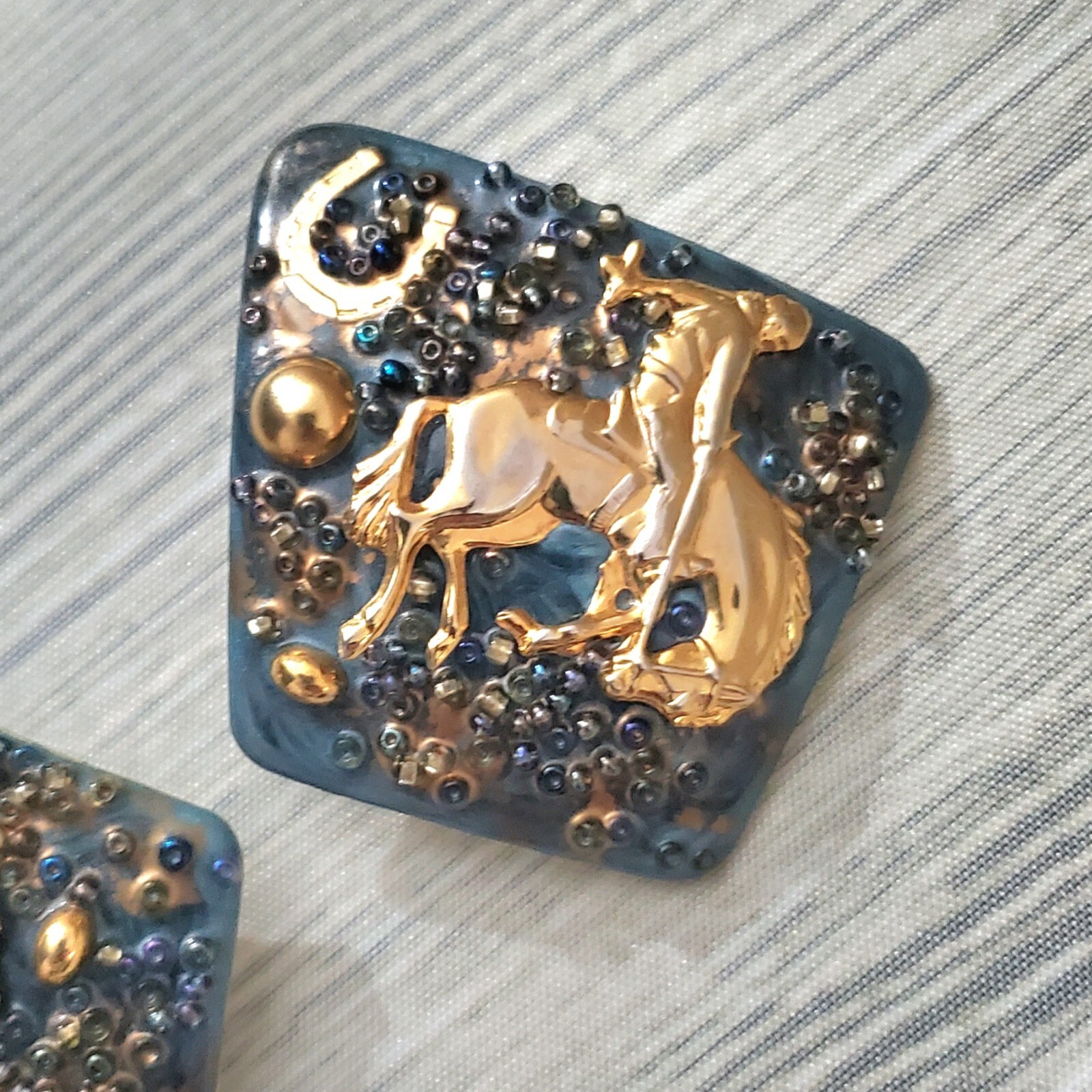 One-of-a-Kind Vintage Rodeo Cowboy Enamel Artistic Earrings OOAK Horse Horseshoe