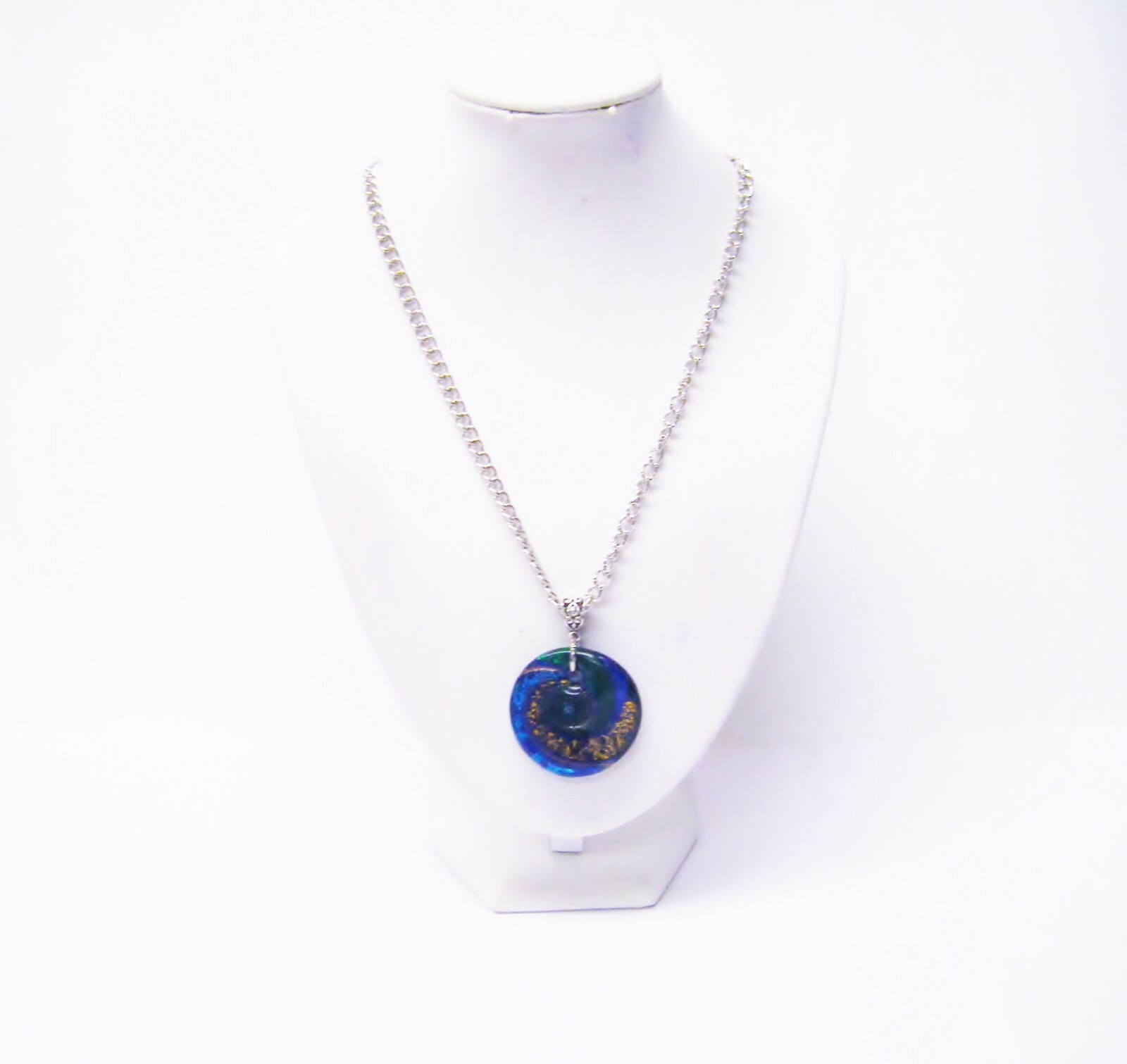 Round Green/Blue/Black & Gold Swirl Pendant Necklace