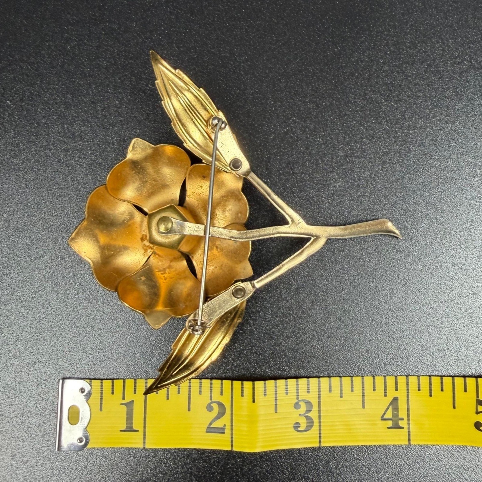 Vintage Blue Cold Painted Enamel Flower Brooch Gold Tone Statement Pin 3.75 In