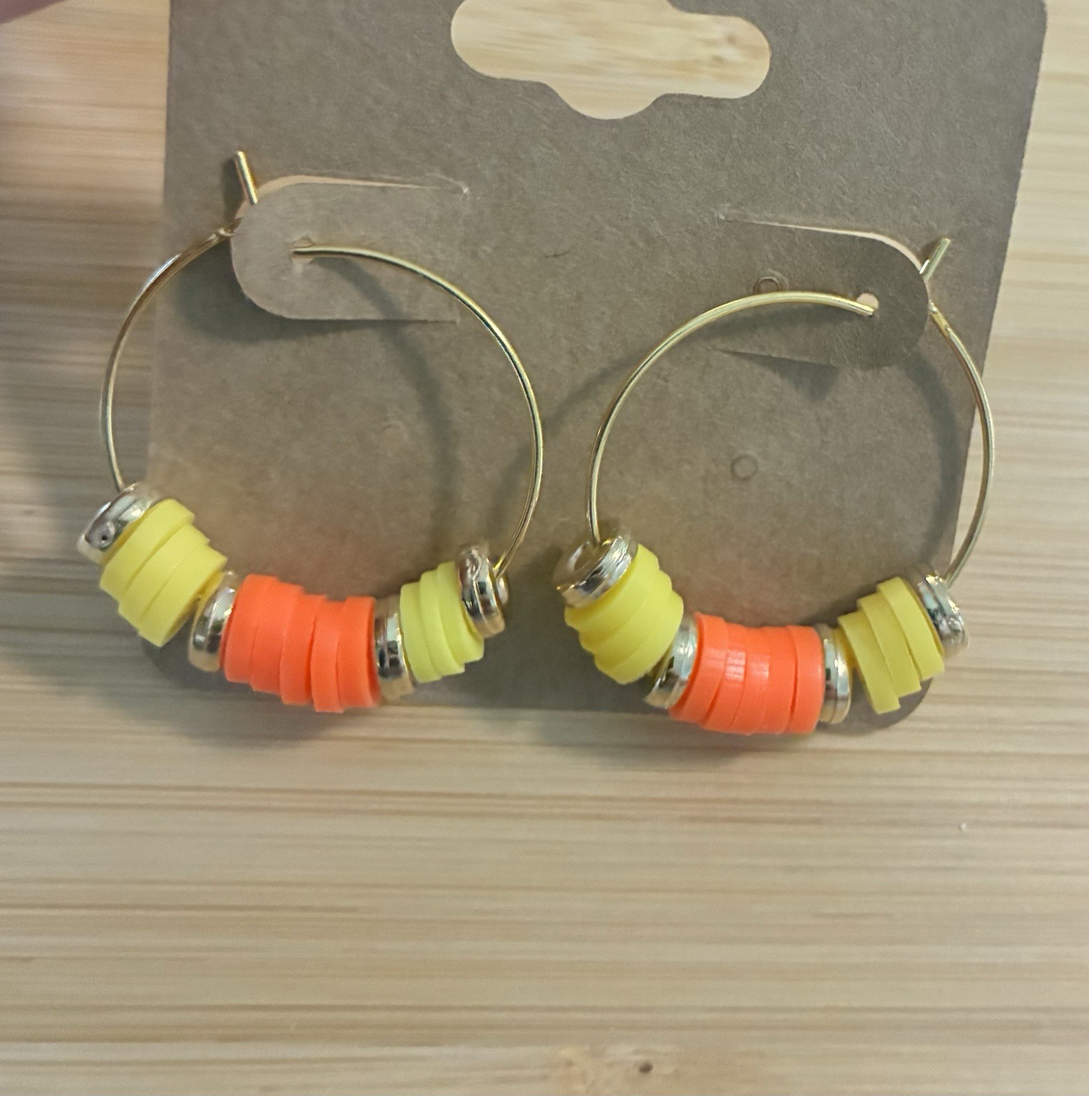 Goldtone Hoop Earrings With Yellow And Orange Beads Handmade