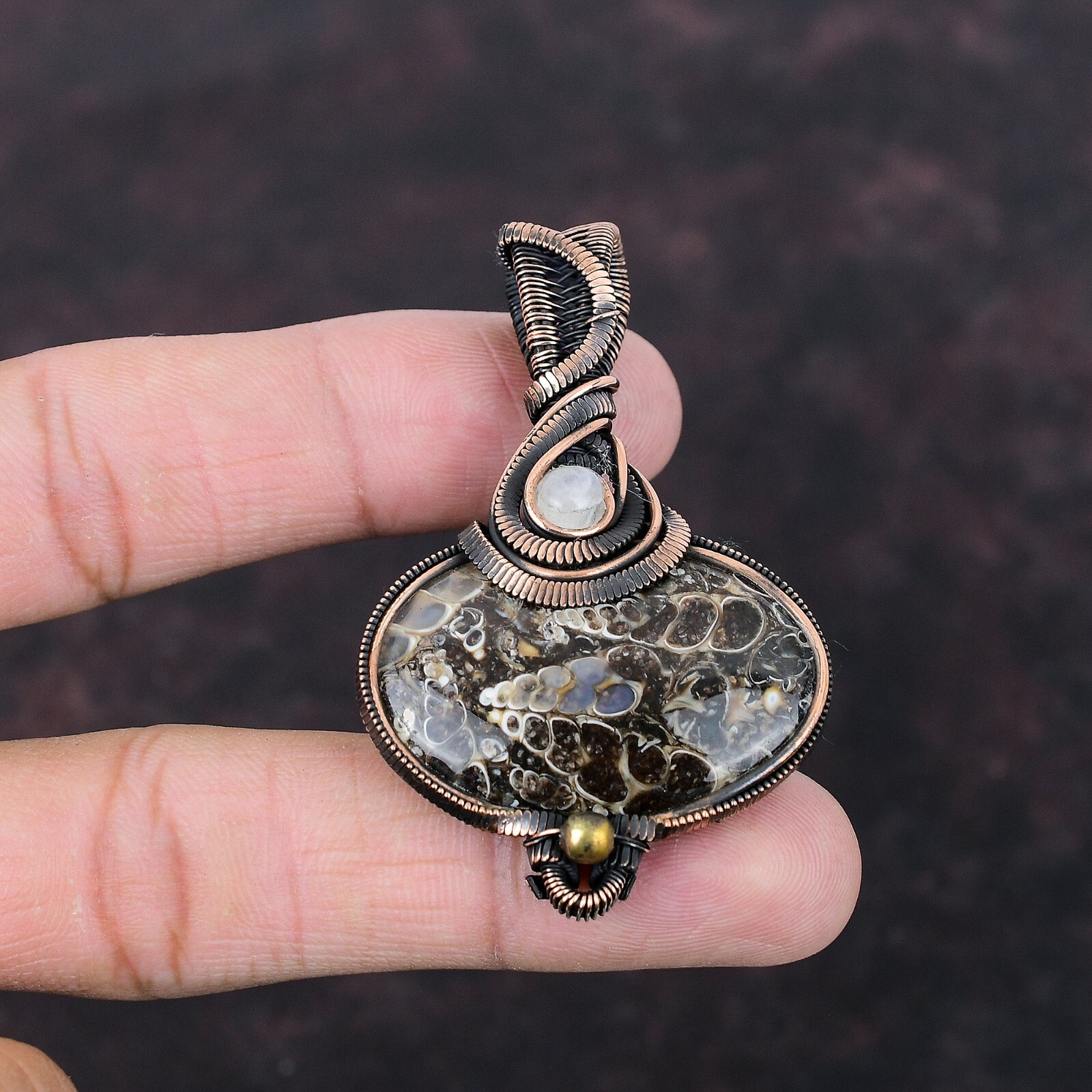 Gift For Her Copper Turritella Agate Gemstone Jewelry Wire Wrapped Pendant 2.36″