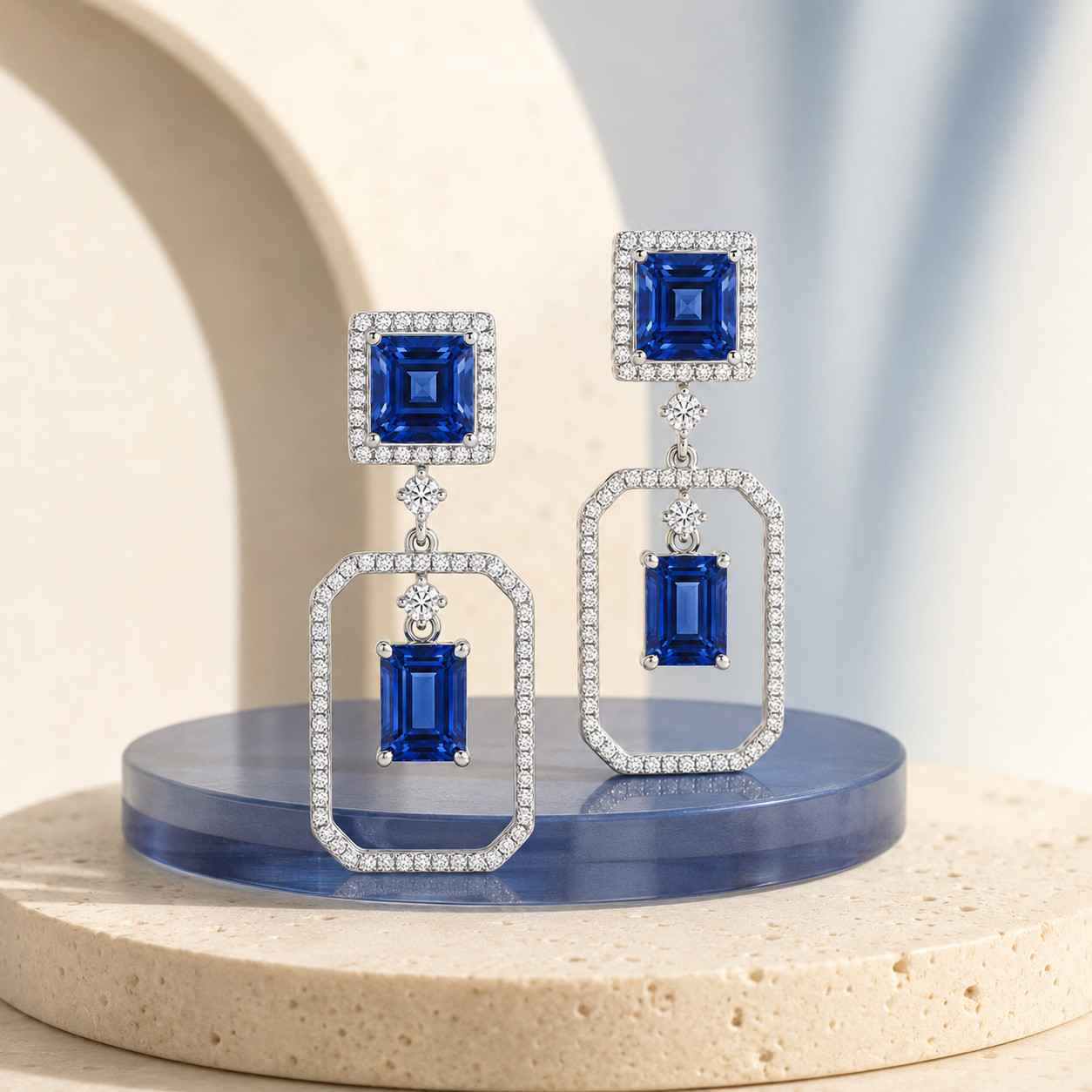 925 Sterling Silver Lab Grown Blue Sapphire Asscher Cut Moissanite Drop Earrings