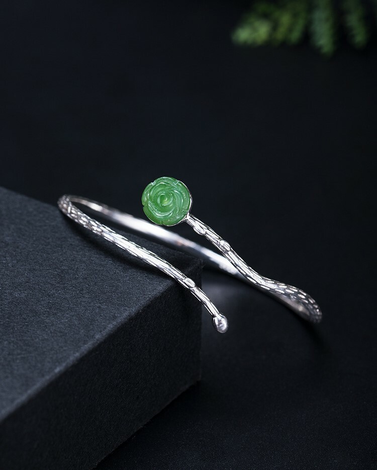 I04 Green Jade Rose Branch Bangle Bracelet 57mm Sterling Silver 925