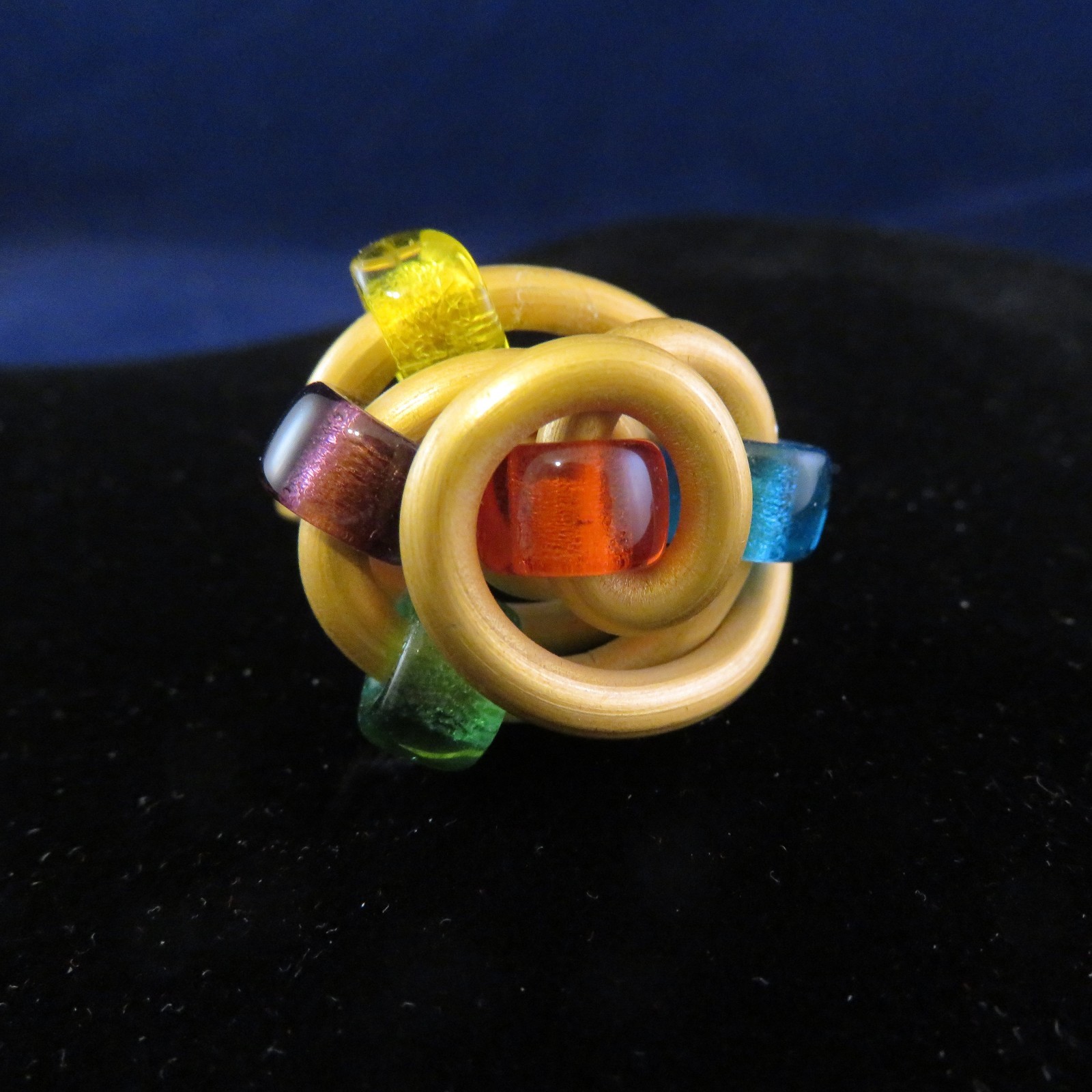Fun Ring Golden Color Coated Thick Wire Sz. 7 w 5 Colorful Beads (1187)