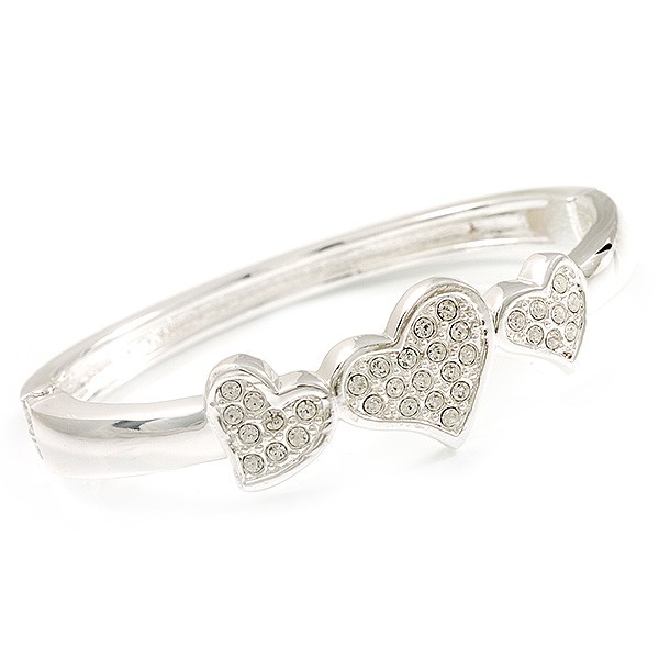 Rhodium Plated Diamante Heart Hinged Bangle Bracelet