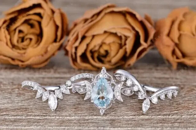 2Ct Pear Cut Lab Created Aquamarine Engagement Trio Ring 14K White Gold Plated