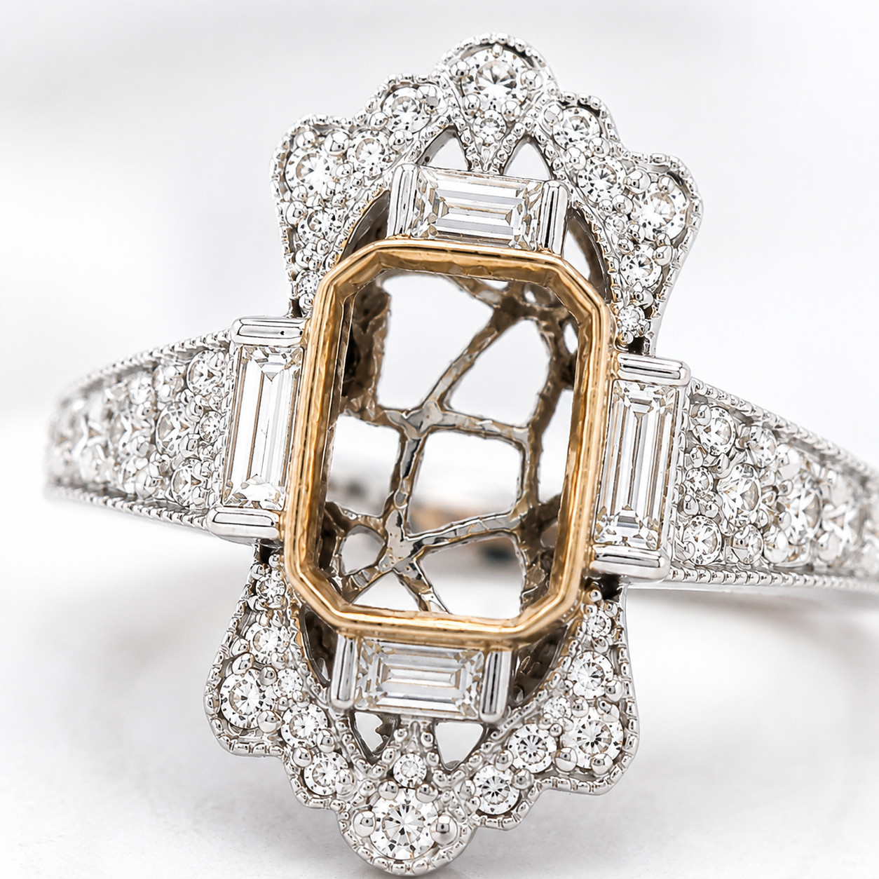 Semi-Mount Art Deco Ring with 0.82 cttw Natural Diamond, Solid 14K White Gold