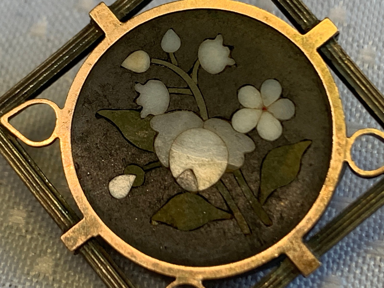 Vtg Pietra Dura Sterling Silver Gold Filled Floral Brooch Jewelry Flower Pin