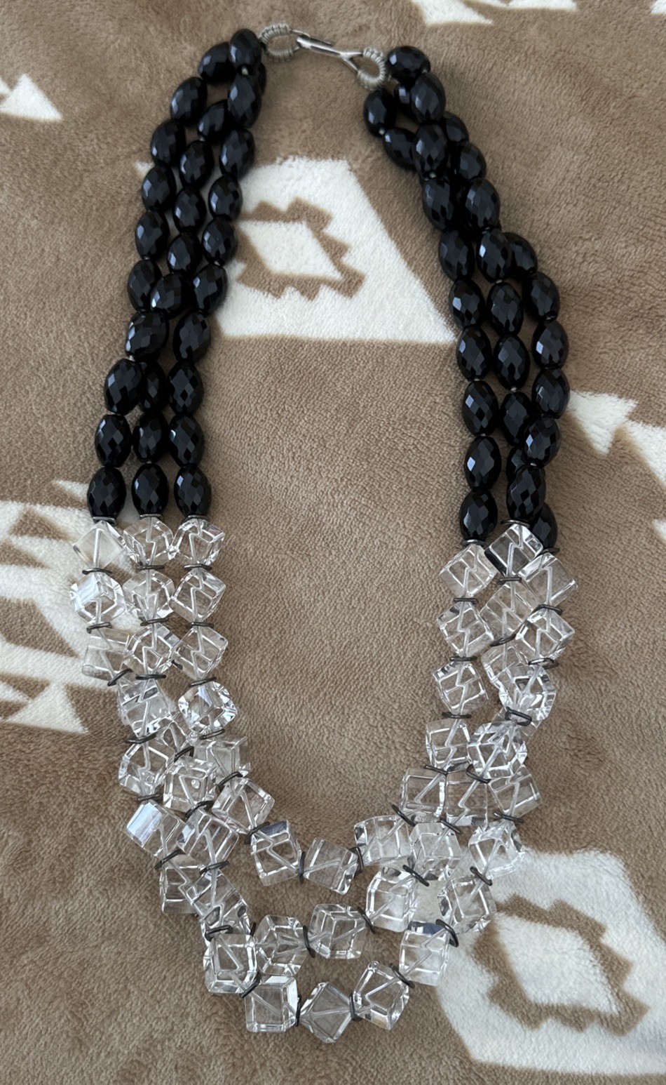 Simon Alcantara Faceted Black Bead Cube Quartz Clear Strand Statement Necklace