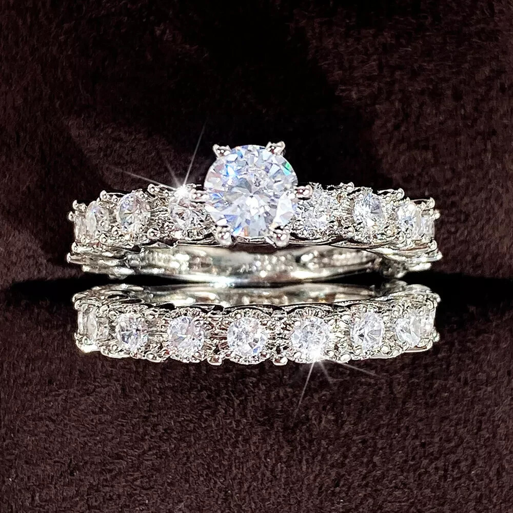 3Ct Round Cut Lab Created Diamond Wedding Bridal Set Ring 14K White Gold plated