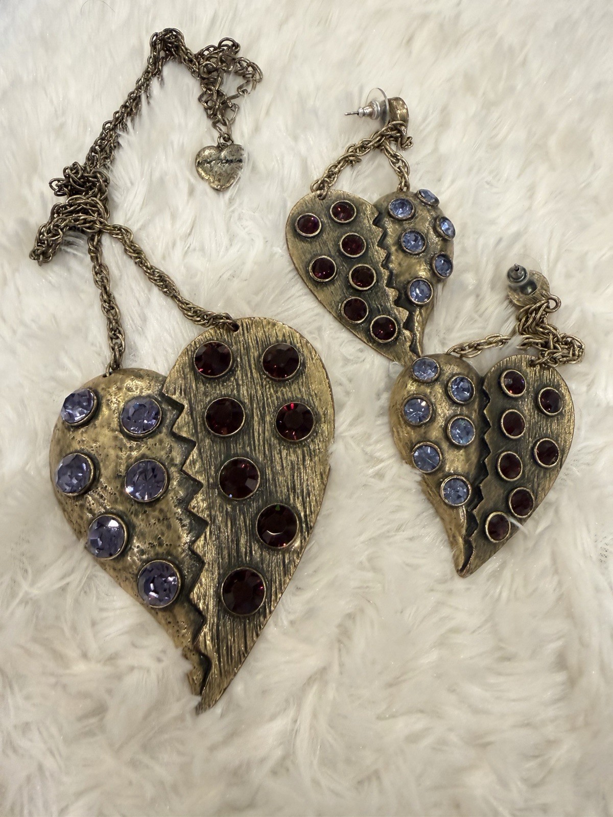 Vintage Betsey Johnson Broken Heart Necklace & Earring Set – Gold Tone, RARE
