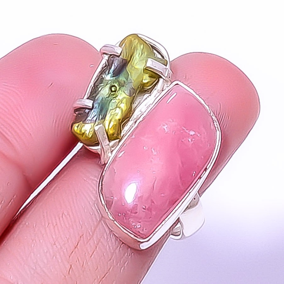 Rhodochrosite – Argentina & Biwa Pearl 925 Silver Plated Ring s.8.5 T73