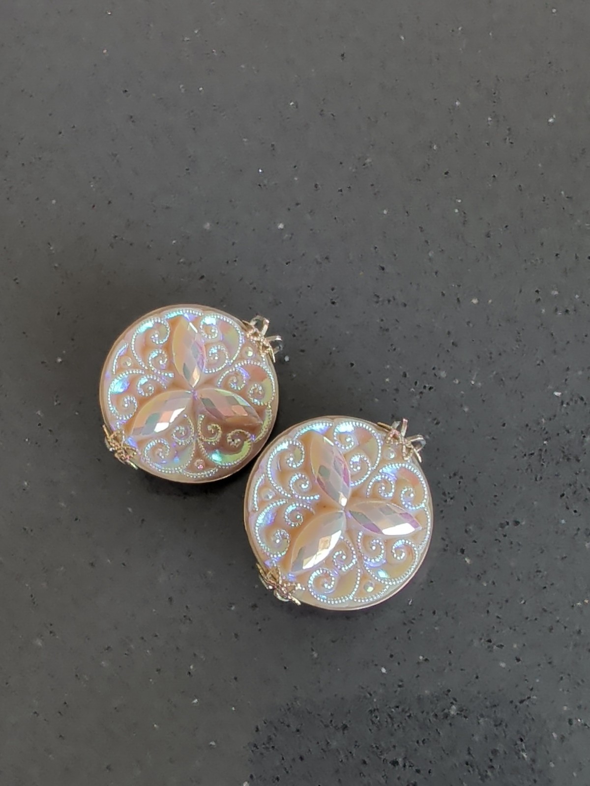 Vintage MCM Hillcraft Gold White Iridescent Lucite Clip Earrings Mid Century N90