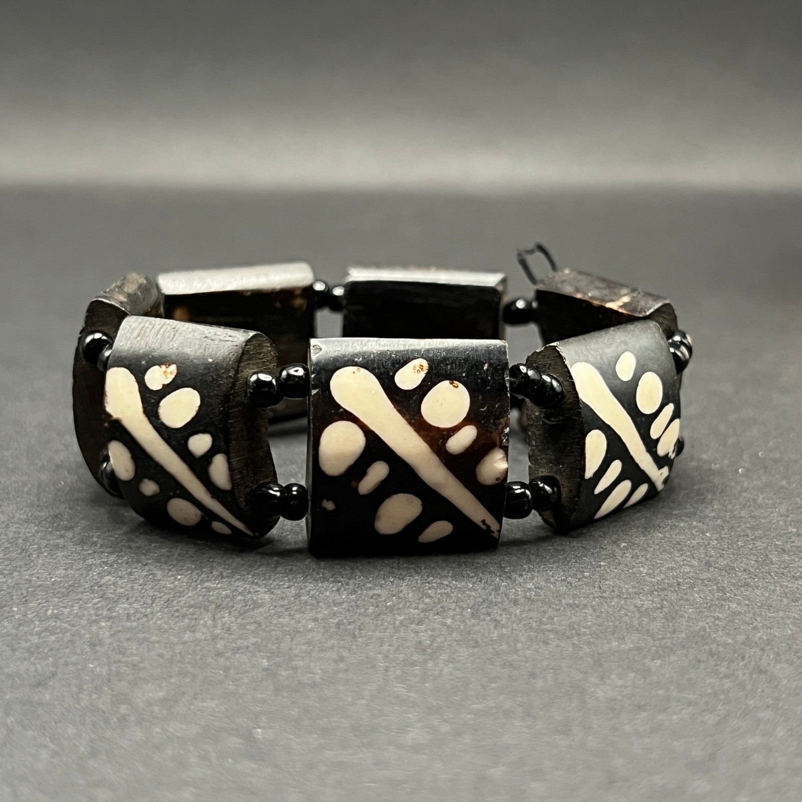 Chunky Wood Block Bracelet Black Cream Batik Tribal Bold Abstract