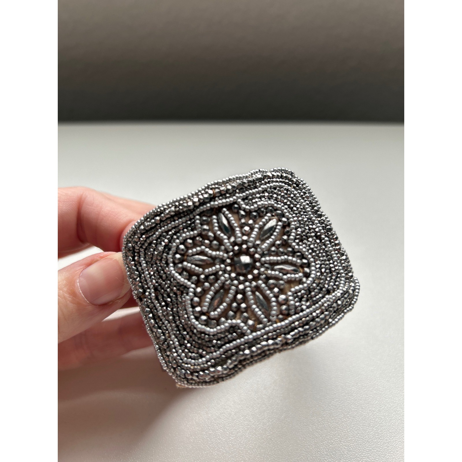 Boho Beaded Cuff Bracelet Metallic Leather Floral Emboss Snap Closure Statement