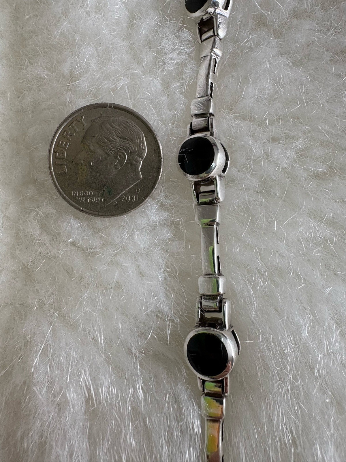 Onyx 6 Round Black, Sterling Silver 925, Bezel Link Bracelet w/Fold-Over Clasp
