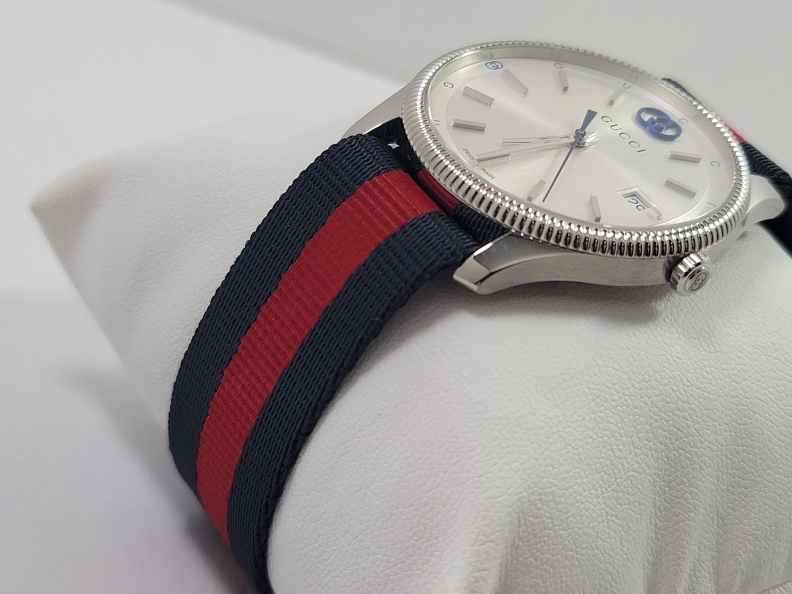 Gucci G-Timeless SWISS Quartz Silver Dial Blue Red Nylon Strap Watch YA1264237