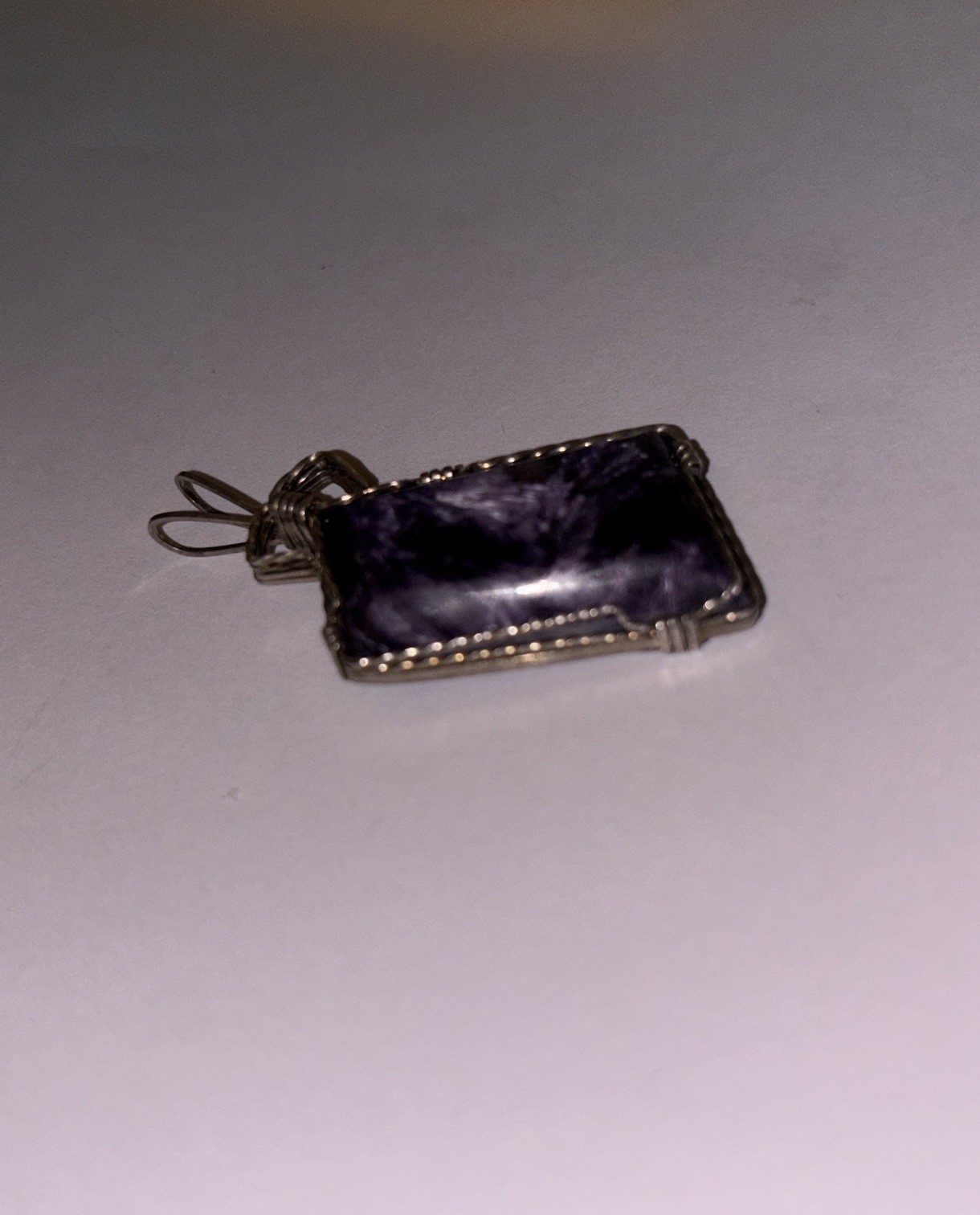 Charoite Stone 1.5” Pendant Asymmetrical Wire Wrap Purple With Silver Tone