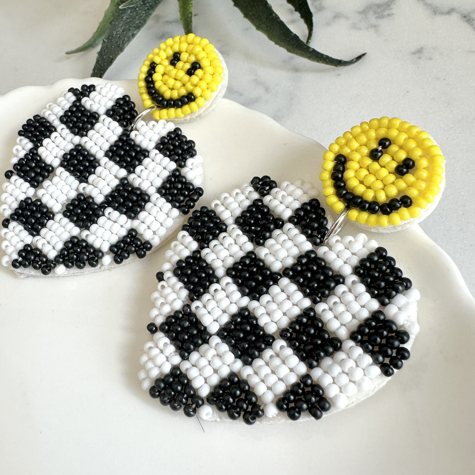 Smiley Face Checkered Heart Beaded Earrings Black White Skater Jewelry Gift NEW