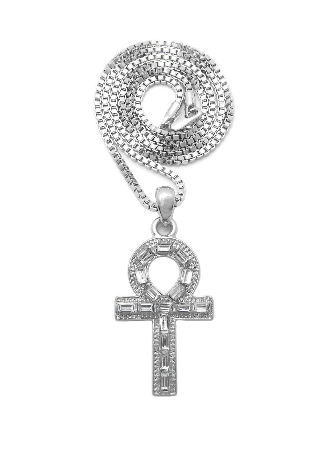 Baguette Stone Stud Small Ankh Pendant Various Chain Hip Hop Necklace XSP792