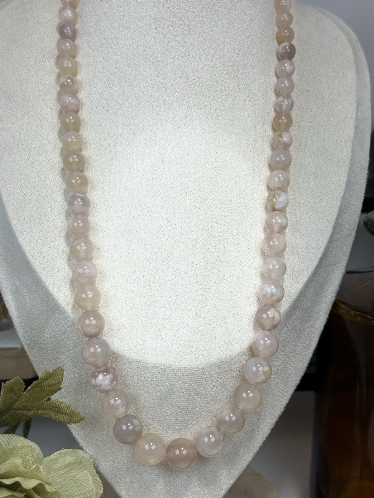 Flower Agate Pale Pink 22IN Twist Closure Bead Necklace 5-12MM